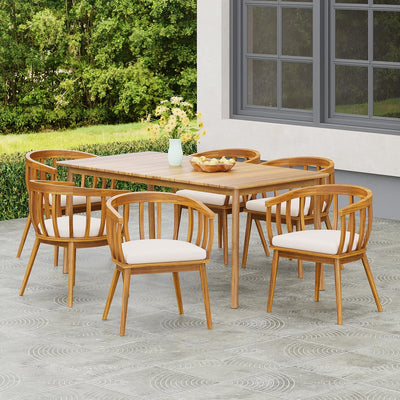 Belas Acacia Wood 7 Piece Outdoor Dining Set, Patio Dining Table Set for 6, Rectangular Dining Table and Chair Set with Cushion for Garden/Poolside Family Gathering, Teak+Beige