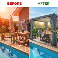12X20 Louvered Pergola,Dark Grey Aluminum Frame with Adjustable Rainproof Roof, Featuring Waterproof Curtains and Nets — Before & After