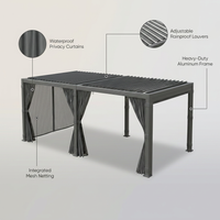 12X20 Louvered Pergola,Dark Grey Aluminum Frame with Adjustable Rainproof Roof, Featuring Waterproof Curtains and Nets — infographic