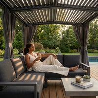 12X20 Louvered Pergola,Dark Grey Aluminum Frame with Adjustable Rainproof Roof, Featuring Waterproof Curtains and Nets — Lifestyle