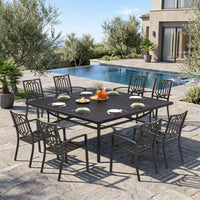 Black 9-Piece Metal Outdoor Patio Dining Set with Slat Square Table and Fashion Stackable Chairs