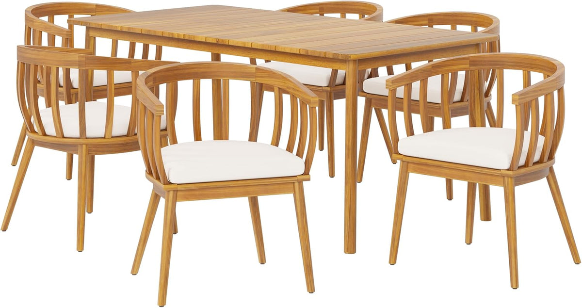 Belas Acacia Wood 7 Piece Outdoor Dining Set, Patio Dining Table Set for 6, Rectangular Dining Table and Chair Set with Cushion for Garden/Poolside Family Gathering, Teak+Beige