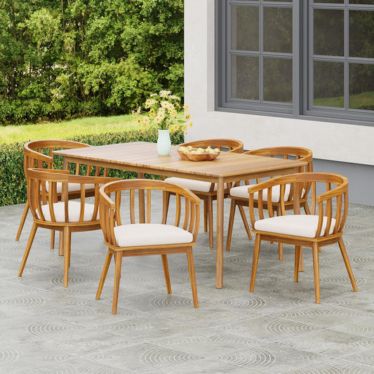 Belas Acacia Wood 7 Piece Outdoor Dining Set, Patio Dining Table Set for 6, Rectangular Dining Table and Chair Set with Cushion for Garden/Poolside Family Gathering, Teak+Beige