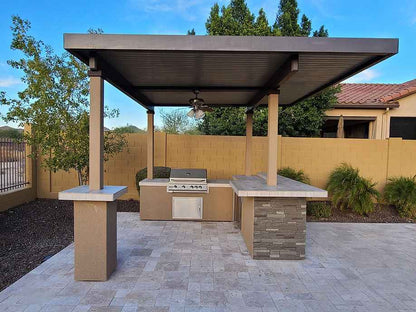 KoKoMo Outdoor Kitchen BBQ Island with 12' x 12' Pergola, Built-In 4-Burner Grill, Refrigerator, and Lighting