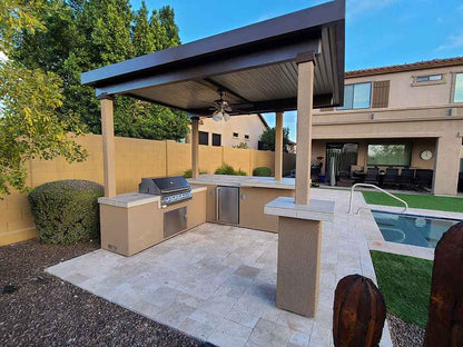 KoKoMo Outdoor Kitchen BBQ Island with 12' x 12' Pergola, Built-In 4-Burner Grill, Refrigerator, and Lighting