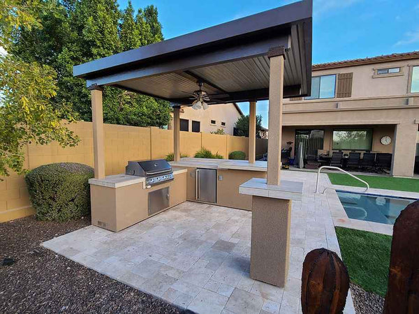 KoKoMo Outdoor Kitchen BBQ Island with 12' x 12' Pergola, Built-In 4-Burner Grill, Refrigerator, and Lighting