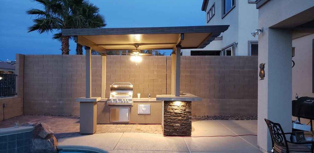 KoKoMo Outdoor Kitchen BBQ Island with 12' x 12' Pergola, Built-In 4-Burner Grill, Refrigerator, and Lighting