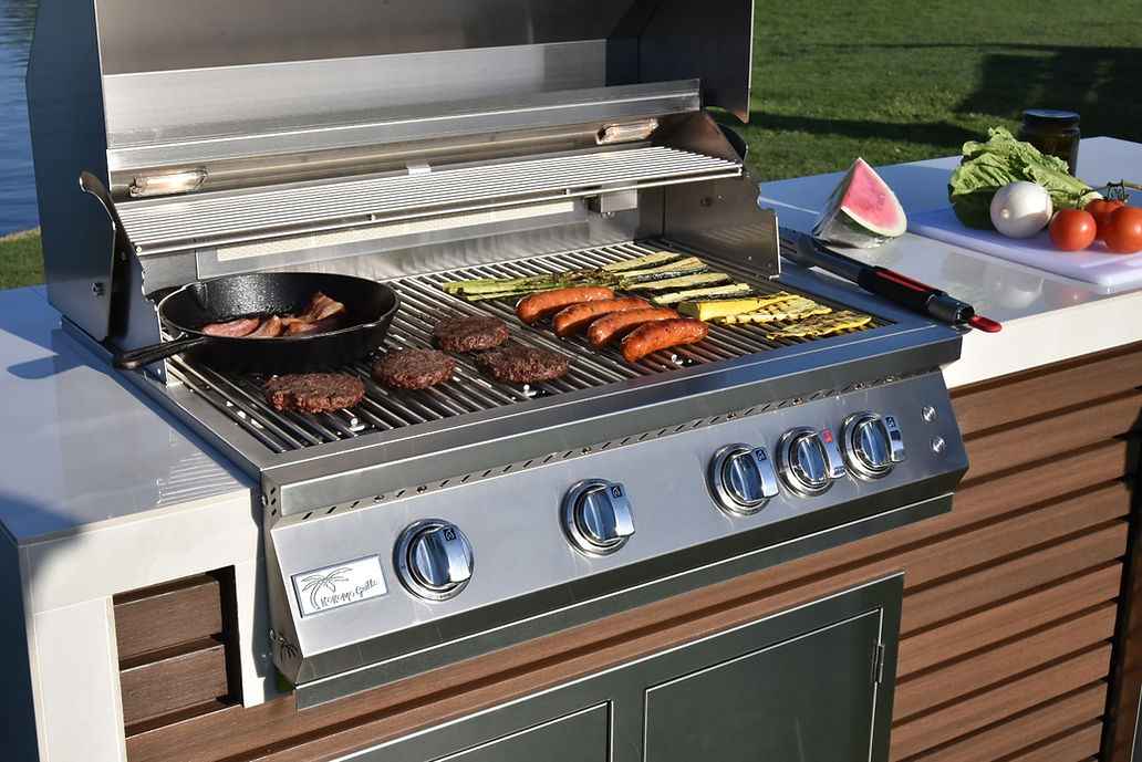 KoKoMo Outdoor Kitchen Island with Waterfall Edge, 32” Built-In Grill
