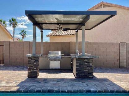 KoKoMo Outdoor Kitchen BBQ Island with 12' x 12' Pergola, Built-In 4-Burner Grill, Refrigerator, and Lighting