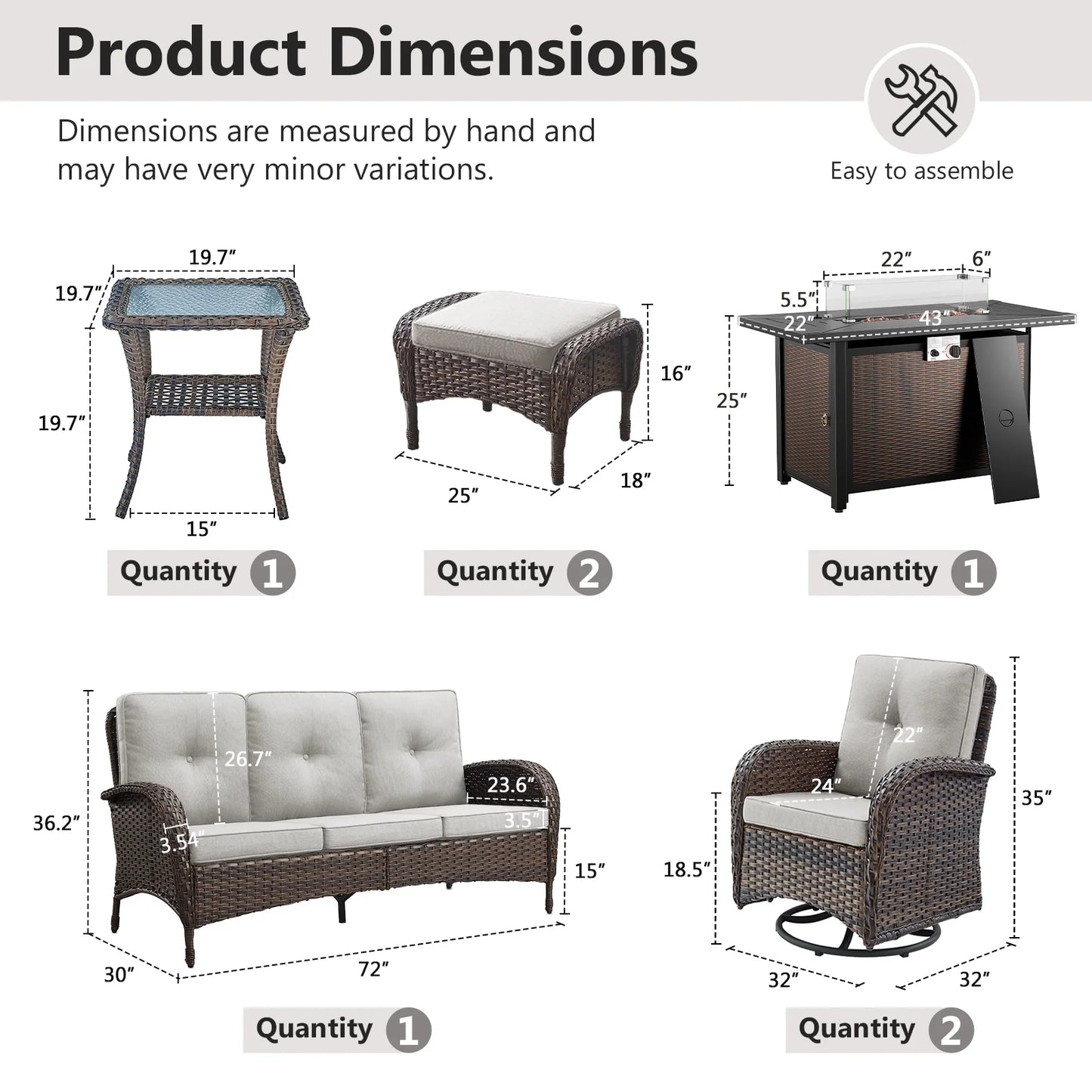 7 Piece Outdoor Patio Furniture Set, Patio Furniture Set with Fire Pit Table Rattan Wicker Patio Furniture Set, Brown Wicker & Beige Cushion