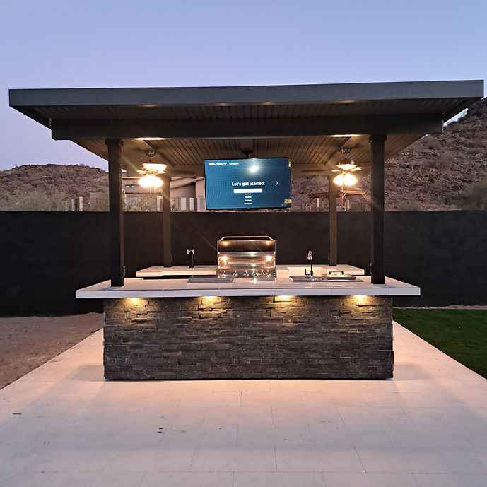 Outdoor Kitchen Island Built for Ultimate Entertainment, Dual 55" TVs, Built-In BBQ Grill, Stainless Steel Storage