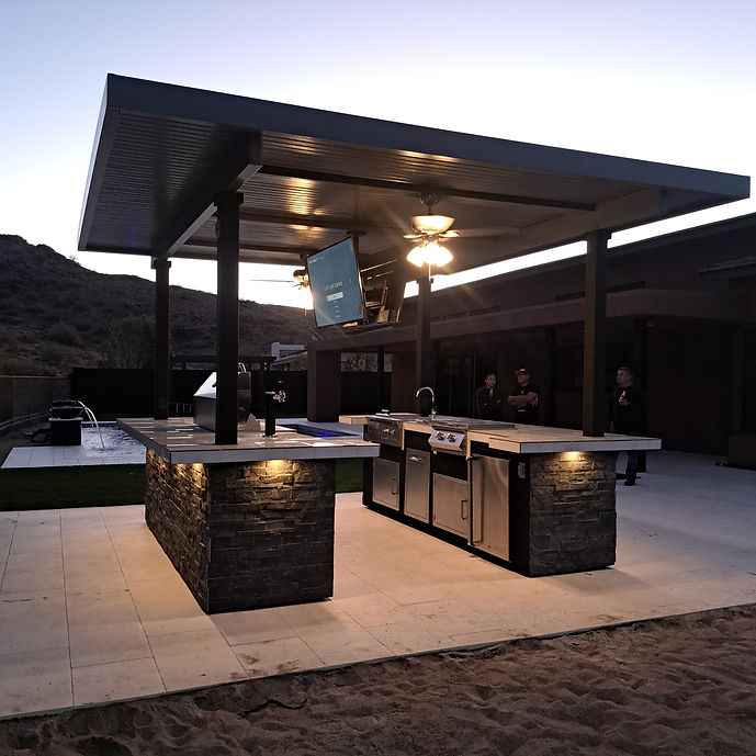 Outdoor Kitchen Island Built for Ultimate Entertainment, Dual 55" TVs, Built-In BBQ Grill, Stainless Steel Storage