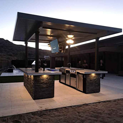 Outdoor Kitchen Island Built for Ultimate Entertainment, Dual 55" TVs, Built-In BBQ Grill, Stainless Steel Storage