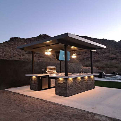 Outdoor Kitchen Island Built for Ultimate Entertainment, Dual 55" TVs, Built-In BBQ Grill, Stainless Steel Storage
