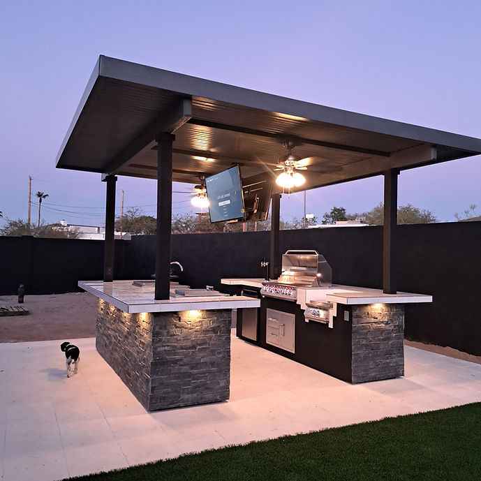 Outdoor Kitchen Island Built for Ultimate Entertainment, Dual 55" TVs, Built-In BBQ Grill, Stainless Steel Storage