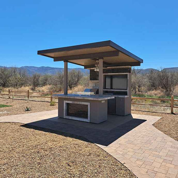 KoKoMo Baja Outdoor Kitchen with 12x12 Patio Cover, Complete Modular BBQ Island with Grill, Fridge & Bar Seating