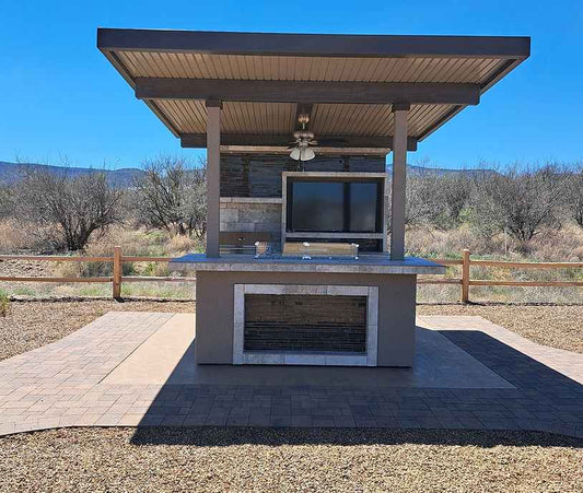 KoKoMo Baja Outdoor Kitchen with 12x12 Patio Cover, Complete Modular BBQ Island with Grill, Fridge & Bar Seating