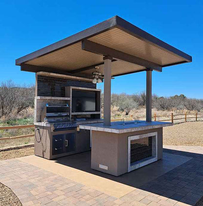 KoKoMo Baja Outdoor Kitchen with 12x12 Patio Cover, Complete Modular BBQ Island with Grill, Fridge & Bar Seating
