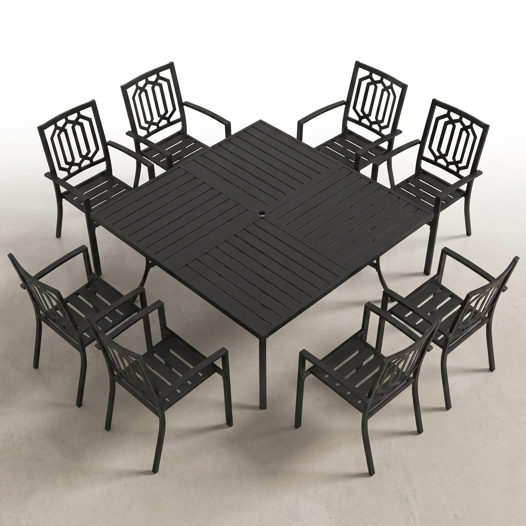 Black 9-Piece Metal Outdoor Patio Dining Set with Slat Square Table and Fashion Stackable Chairs — Studio Shot