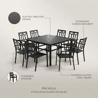 Black 9-Piece Metal Outdoor Patio Dining Set with Slat Square Table and Fashion Stackable Chairs — infographic