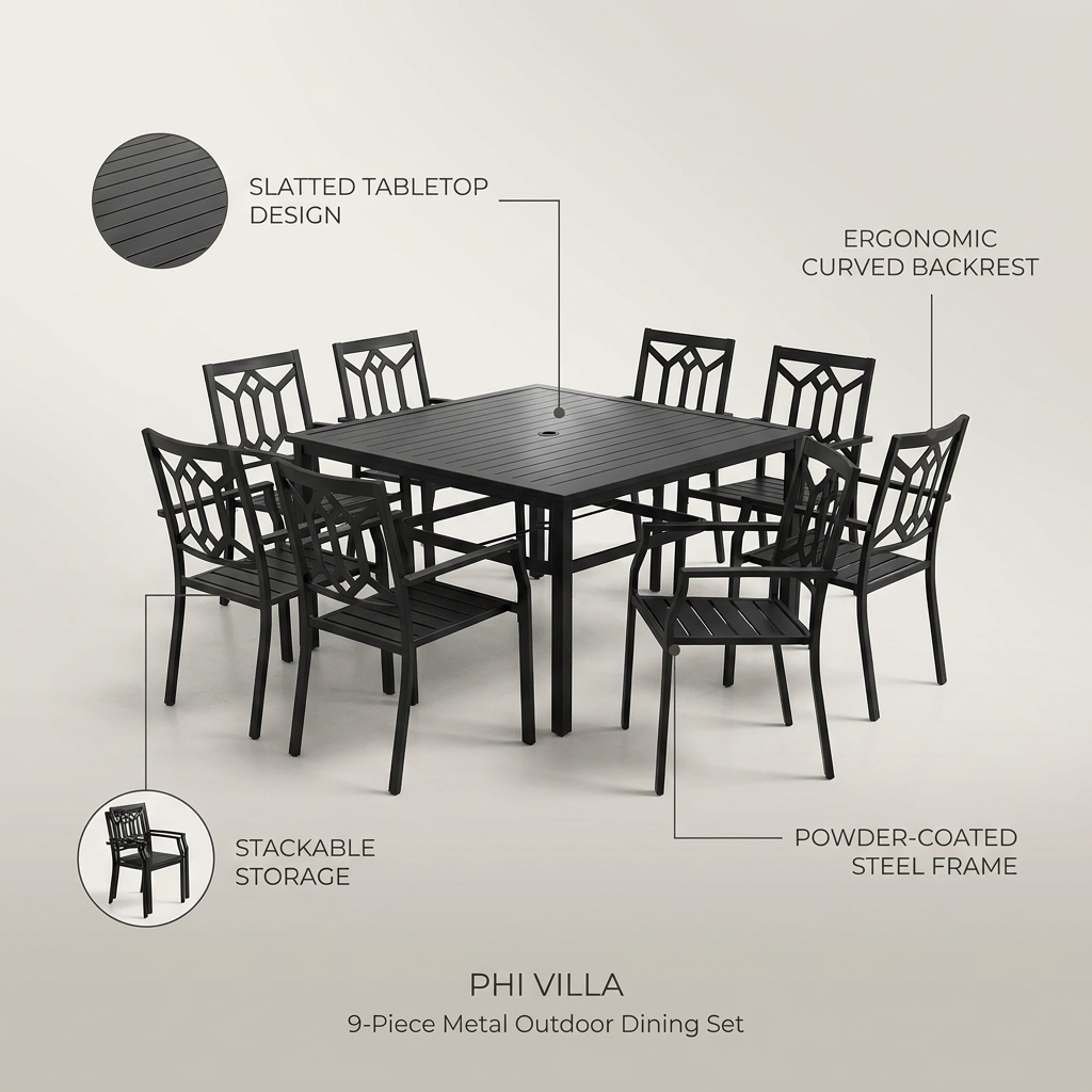 Black 9-Piece Metal Outdoor Patio Dining Set with Slat Square Table and Fashion Stackable Chairs — infographic