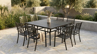 Black 9-Piece Metal Outdoor Patio Dining Set with Slat Square Table and Fashion Stackable Chairs — Lifestyle