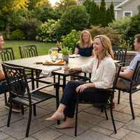 Black 9-Piece Metal Outdoor Patio Dining Set with Slat Square Table and Fashion Stackable Chairs — Lifestyle