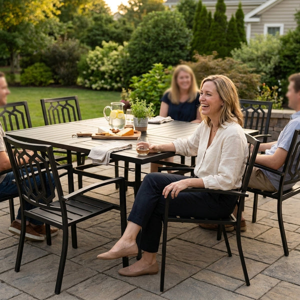 Outdoor Patio Dining Set Built for Weather Resistance, 9-Piece Metal Frame, Stackable Chairs, Square Table