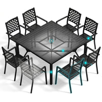 Black 9-Piece Metal Outdoor Patio Dining Set with Slat Square Table and Fashion Stackable Chairs — How It Works