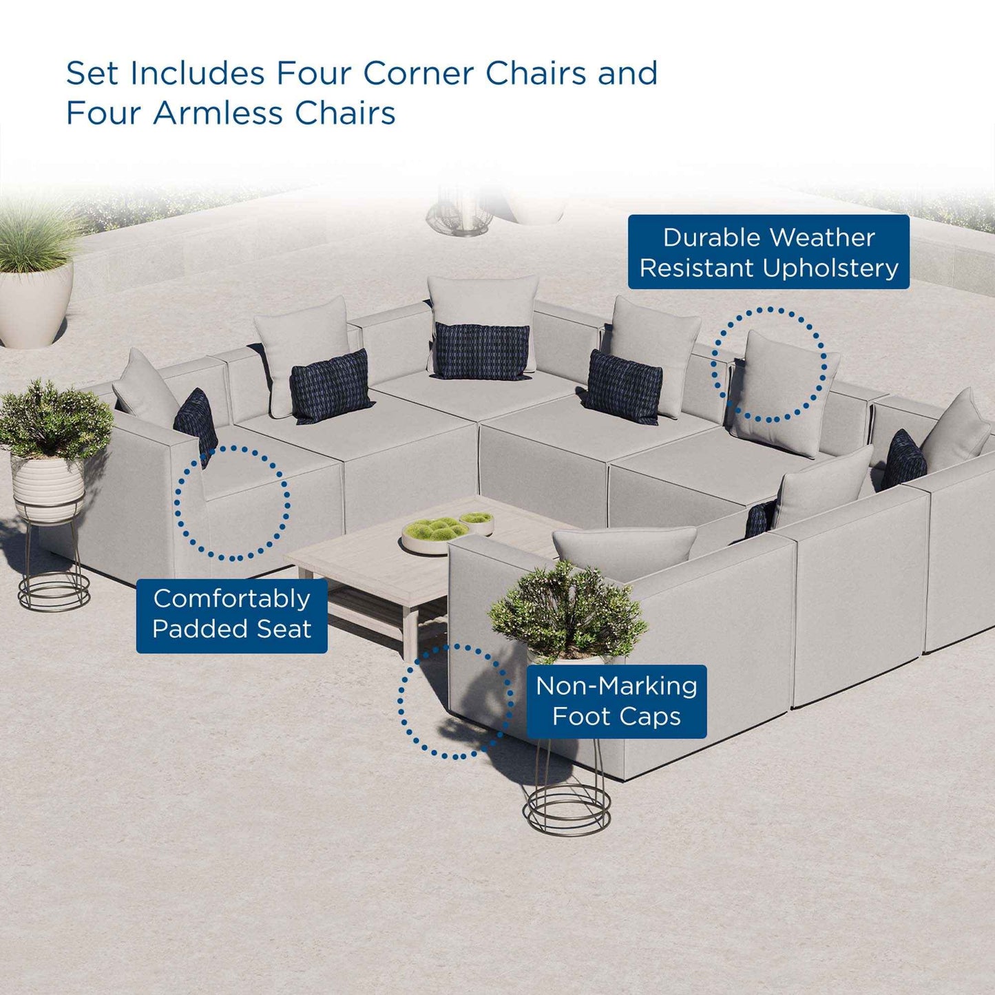 Elegant Patio Sectional Sofa - Saybrook 8-Piece Outdoor Upholstered Sofa by Modway