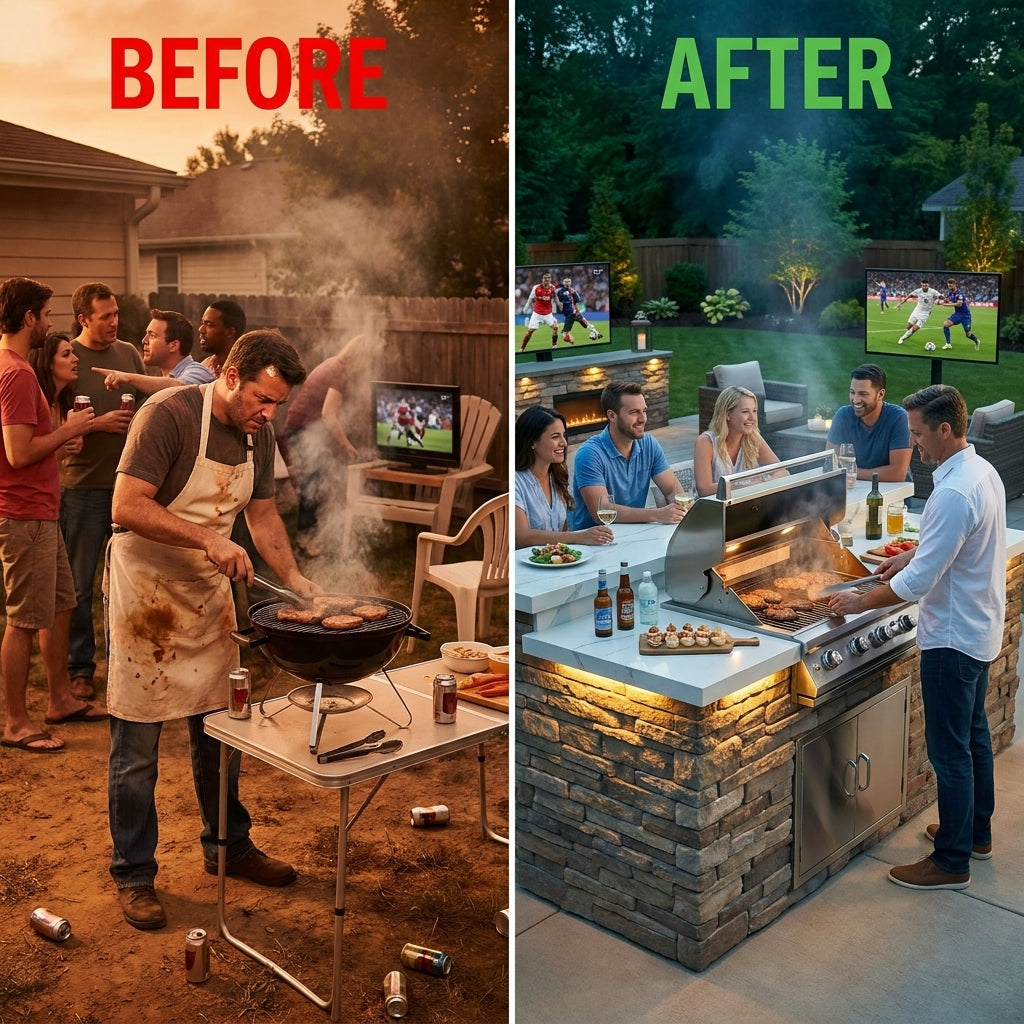 KoKoMo Big Island Sports Bar Outdoor Kitchen Grill – Dual 55” TVs + Built-In BBQ — Before & After