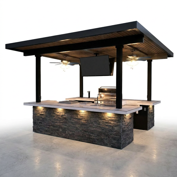 Outdoor Kitchen Island Built for Ultimate Entertainment, Dual 55" TVs, Built-In BBQ Grill, Stainless Steel Storage