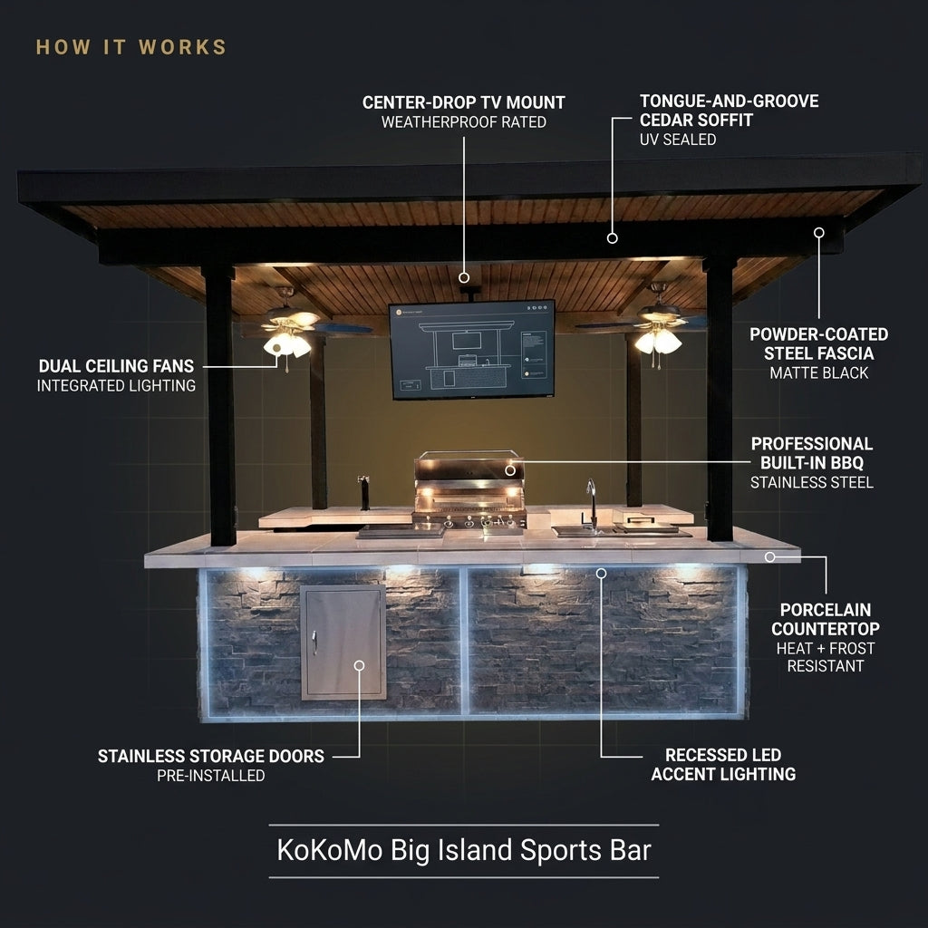 KoKoMo Big Island Sports Bar Outdoor Kitchen Grill – Dual 55” TVs + Built-In BBQ — How It Works