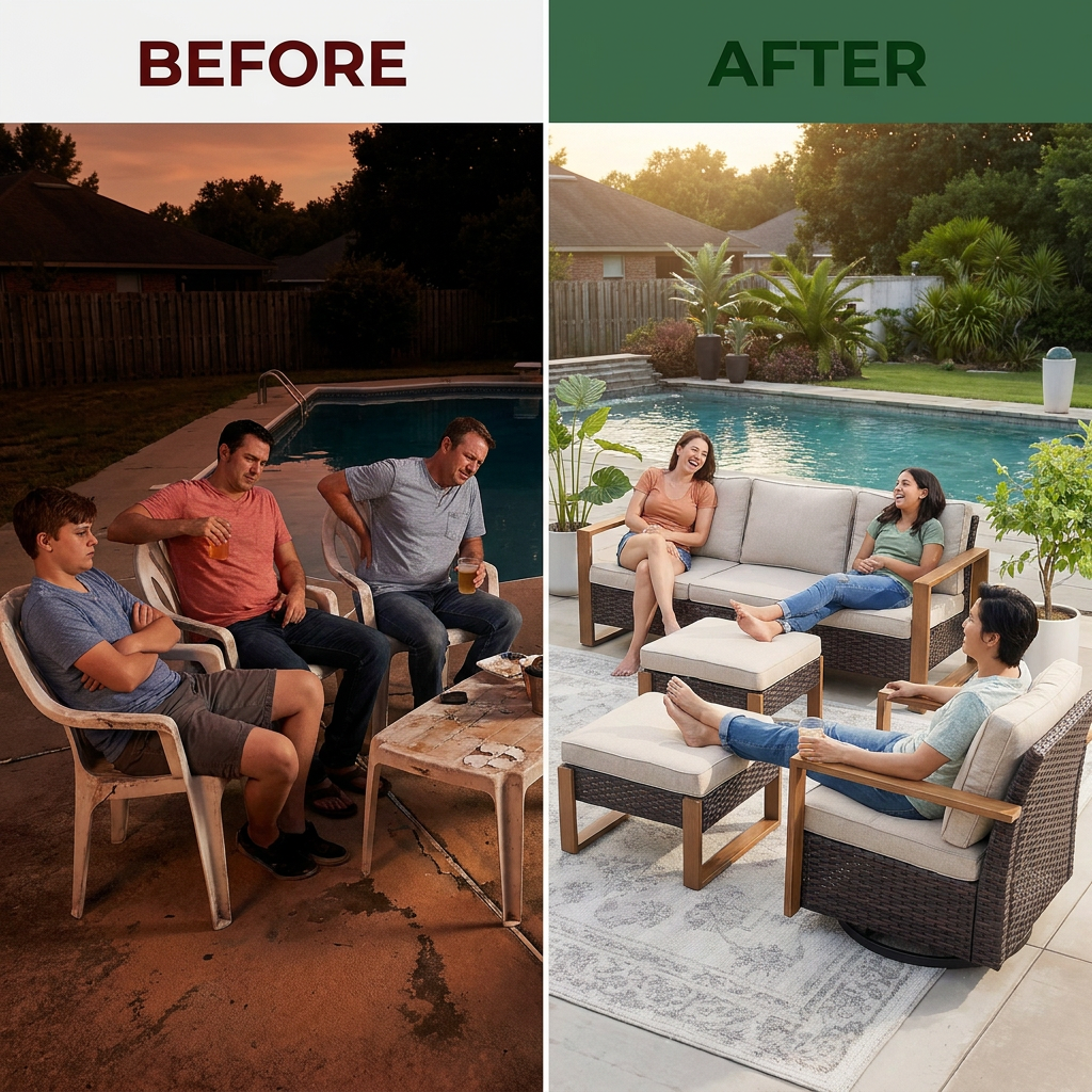 Luxury Outdoor Wicker Patio Furniture Set,5 Piece Deep Seating Outdoor Conversation Set with Patio Swivel Rocker Patio Chairs,Rattan Couch and Ottomans for Deck Porch Poolside — Before & After