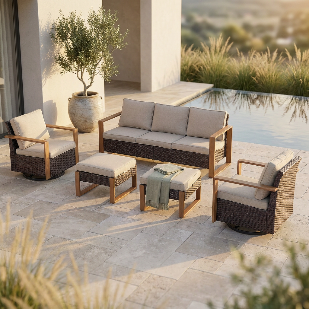 Luxury Outdoor Wicker Patio Furniture Set,5 Piece Deep Seating Outdoor Conversation Set with Patio Swivel Rocker Patio Chairs,Rattan Couch and Ottomans for Deck Porch Poolside — Studio Shot