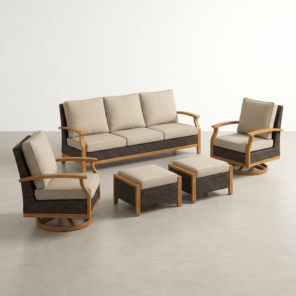 Luxury Outdoor Wicker Patio Furniture Set,5 Piece Deep Seating Outdoor Conversation Set with Patio Swivel Rocker Patio Chairs,Rattan Couch and Ottomans for Deck Porch Poolside — Studio Shot