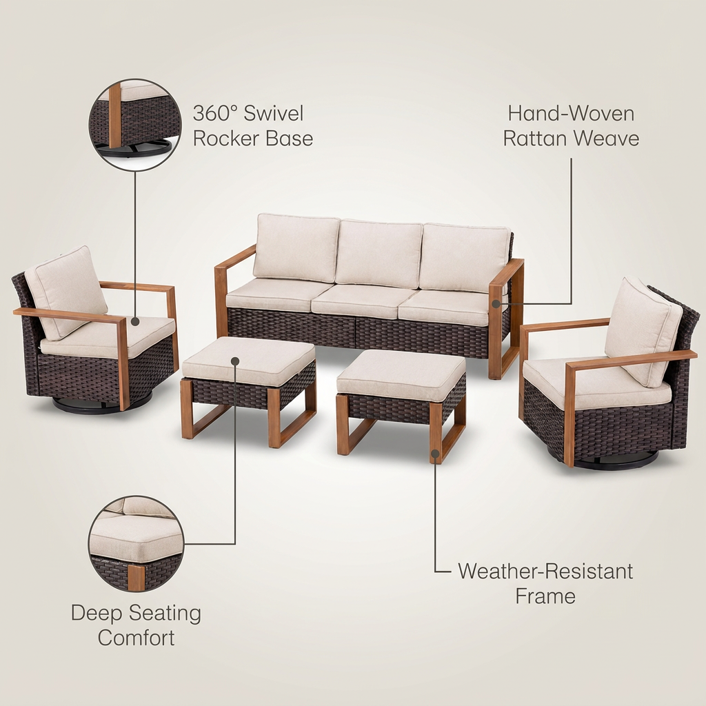 Luxury Outdoor Wicker Patio Furniture Set,5 Piece Deep Seating Outdoor Conversation Set with Patio Swivel Rocker Patio Chairs,Rattan Couch and Ottomans for Deck Porch Poolside — infographic