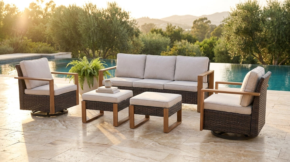 Luxury Outdoor Wicker Patio Furniture Set,5 Piece Deep Seating Outdoor Conversation Set with Patio Swivel Rocker Patio Chairs,Rattan Couch and Ottomans for Deck Porch Poolside — Lifestyle