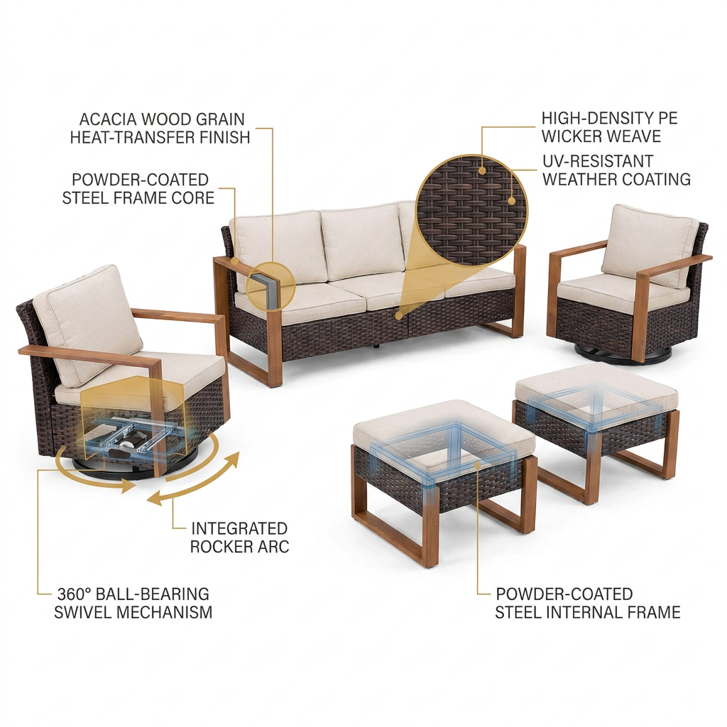 Luxury Outdoor Wicker Patio Furniture Set,5 Piece Deep Seating Outdoor Conversation Set with Patio Swivel Rocker Patio Chairs,Rattan Couch and Ottomans for Deck Porch Poolside — How It Works