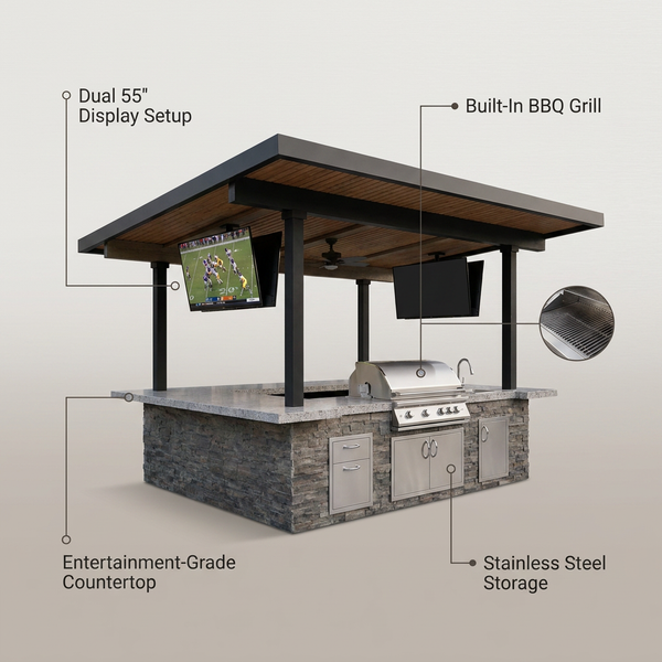 Outdoor Kitchen Island Built for Ultimate Entertainment, Dual 55" TVs, Built-In BBQ Grill, Stainless Steel Storage — infographic