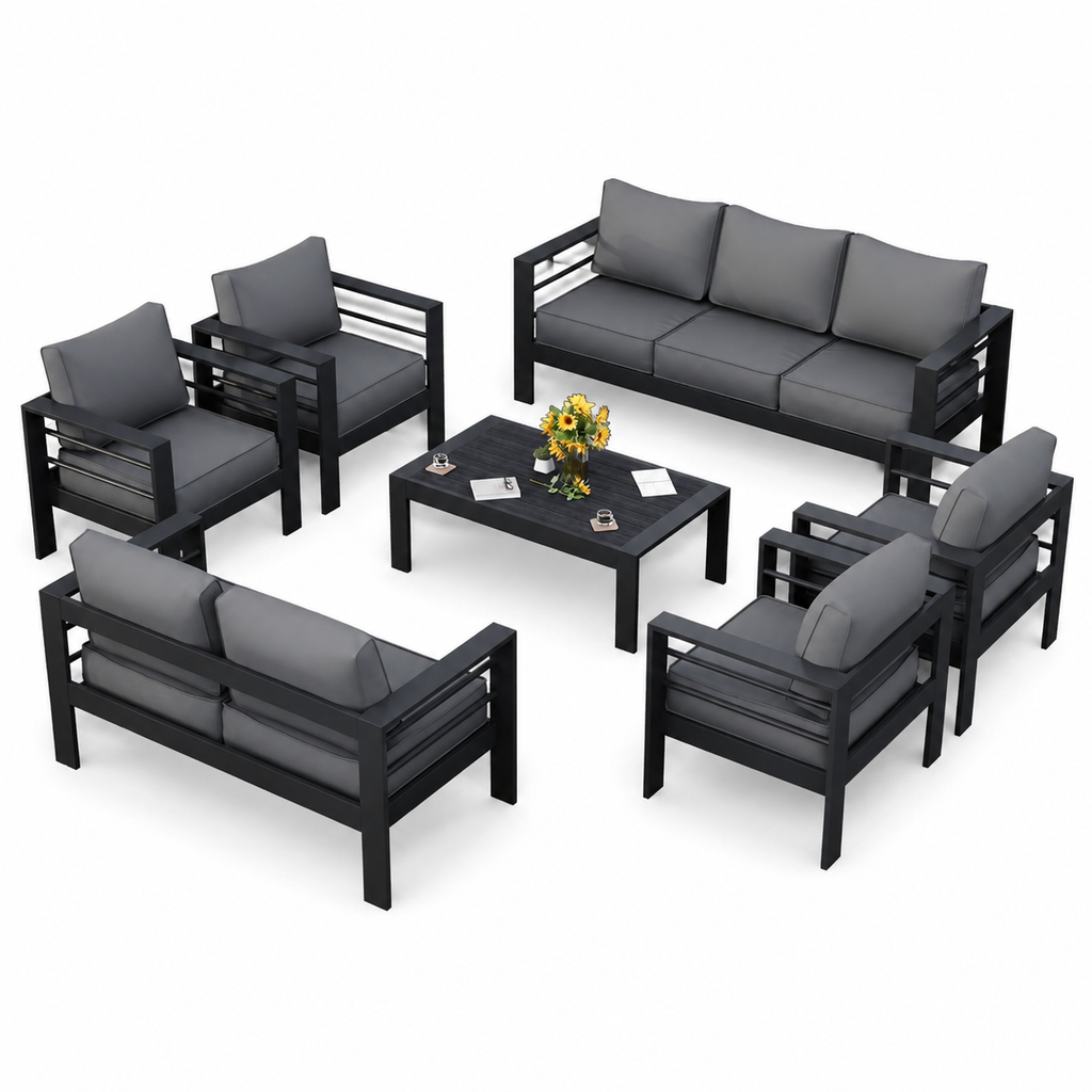 Aluminum Patio Furniture Set, 7 Piece Metal Outdoor Set, Patio Furniture Set with Waterproof Covers for Backyard Garden（Grey）