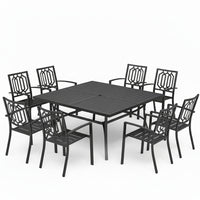 Outdoor Patio Dining Set Built for Weather Resistance, 9-Piece Metal Frame, Stackable Chairs, Square Table