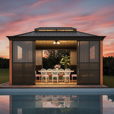 Alora Solstice Premium All-Season Outdoor Wood Grain Sunroom With Sliding Doors And Double Top Roof (SAK58317)